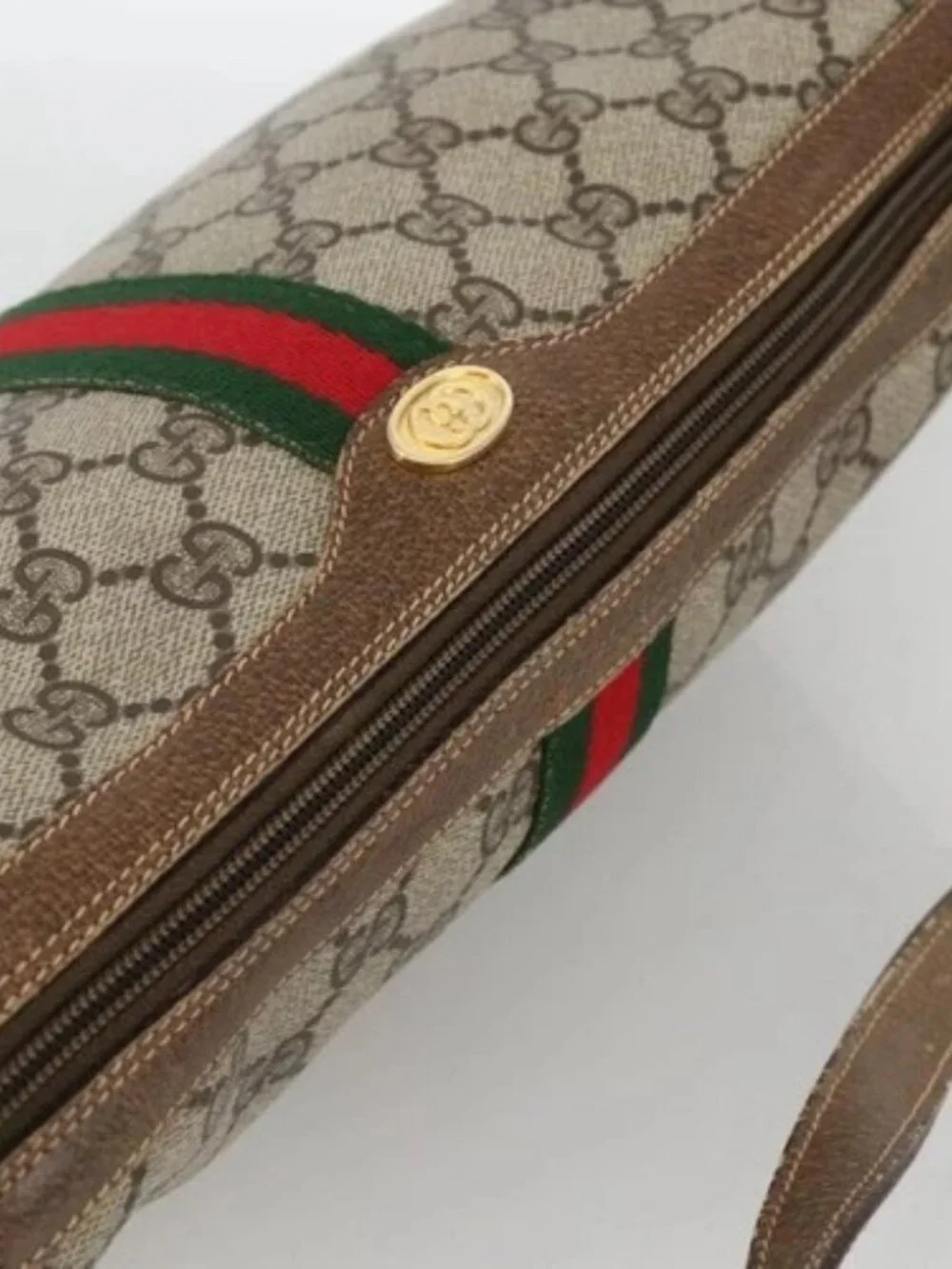 GUCCI GG Supreme Web Sherry Line Bag PVC Beige Gold 378 02 017 Auth BAZ162